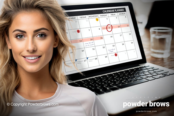 An attractive and self-confident woman smiling on the left and a laptop with a calendar planner open on the right. A monthly view of the calendar is displayed with events marked in the calendar.