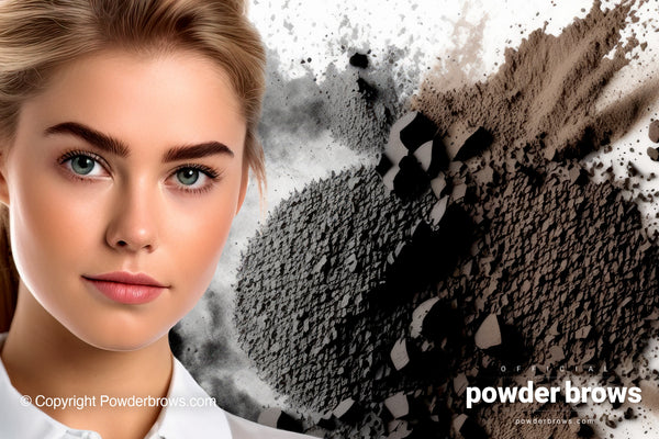 Attractive woman on the left and powder-like substances of different brown and black tones on the right with multiple particle sizes in small piles.
