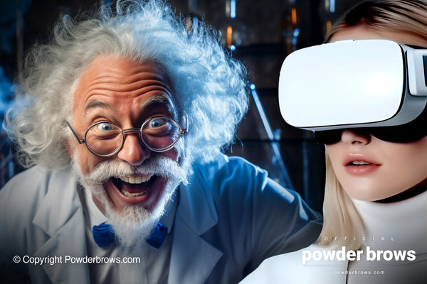 A laughing elderly scientist looking excited on the left and an attractive young woman wearing a VR headset on the right.