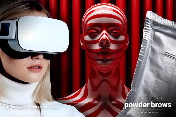 An attractive woman wearing a VR headset on the left, a bald woman with head and shoulders visible with horizontal red lines painted on her in the center, and a small silver-colored package on the right.
