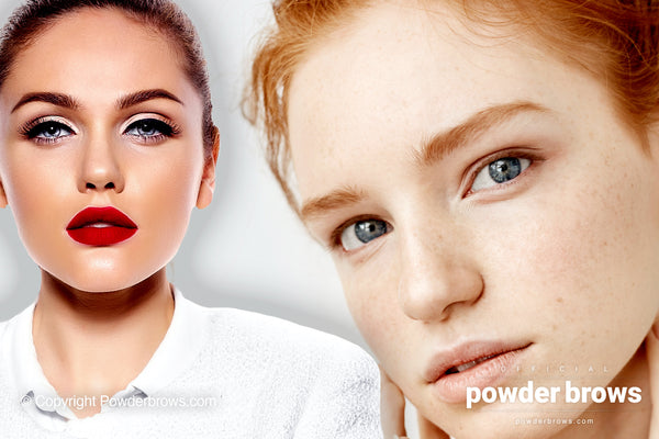 An attractive woman on the left and a young, attractive model with red hair color and freckles on the right.
