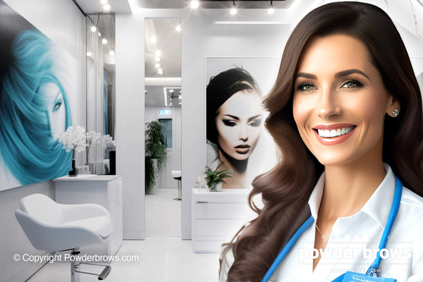 A photo of a clean beauty salon with large images of female faces covering walls on the left and a picture of a smiling, attractive woman on the right.