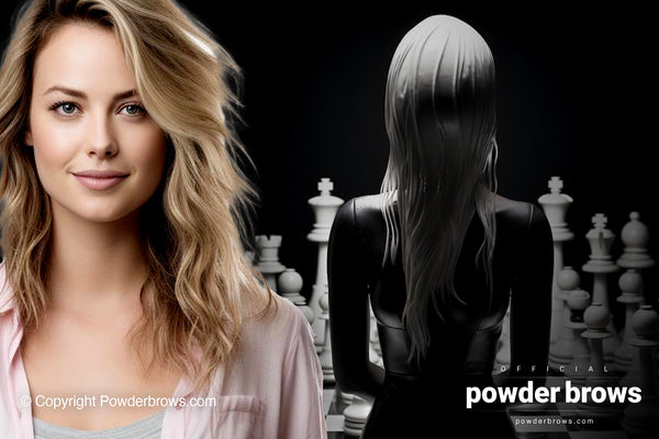 An attractive woman is on the left, and an image of a woman looking at a chessboard with human size chess-pieces on the right.