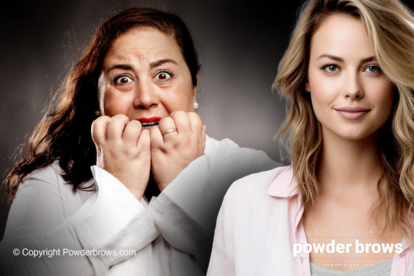 An overweight woman in horror with a scared face on the left and an attractive woman on the right smiling calmly.
