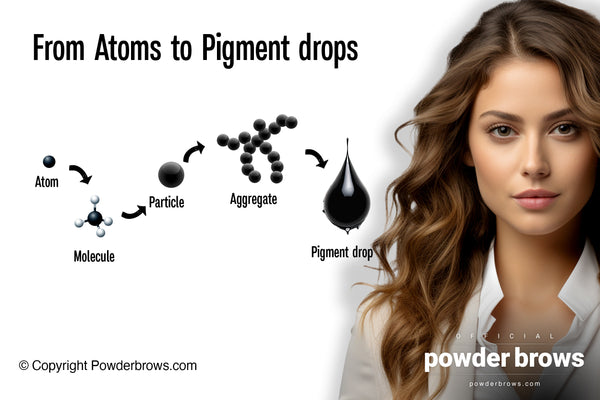 A sequence of sizes from Atom to Molecule to Particle to Aggregate to Pigment drop on the left and an attractive woman on the right.