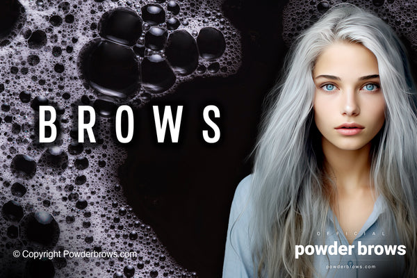 On the left, there is soap residue on a black surface with the word "BROWS" on it, and on the left, there is a young girl with gray hair.