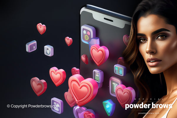 Smartphones are put on each other, and 3D pictures of hearts signifying likes flying out of those on the left. An attractive woman on the right.