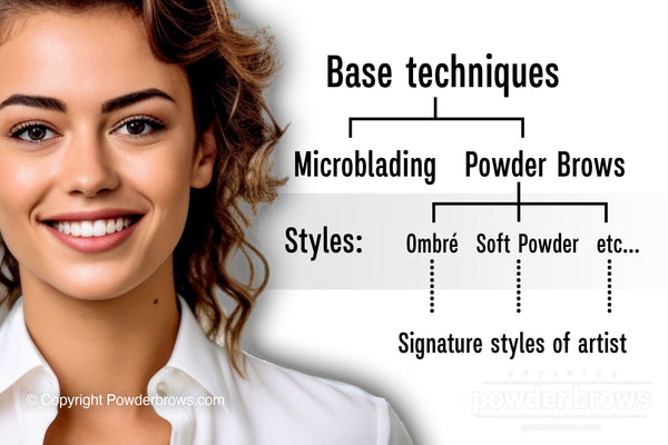 A smiling woman with curly hair on the left. On the right a graph that starts from up to down with the label Base techniques, that is divided into Microblading and Powder Brows witch have further divisions as "Styles".