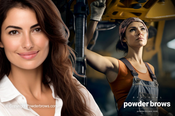 An attractive woman on the left smiling, and a woman in working clothes looking up with a proud face with large machines in the background on the right.