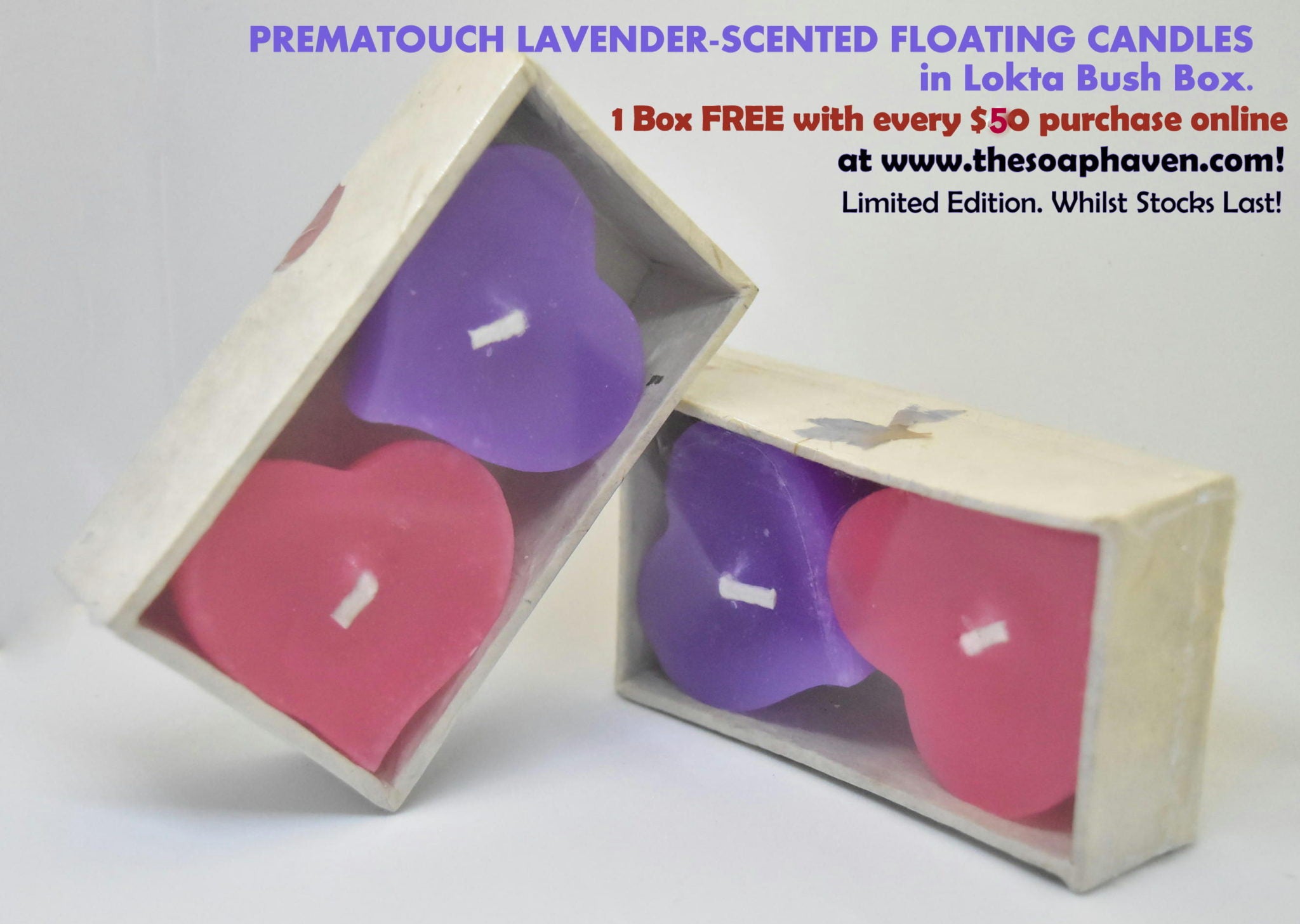 PremaTouch Lavender-scented floating 2 hearts candles FREE with every $50 purchase online