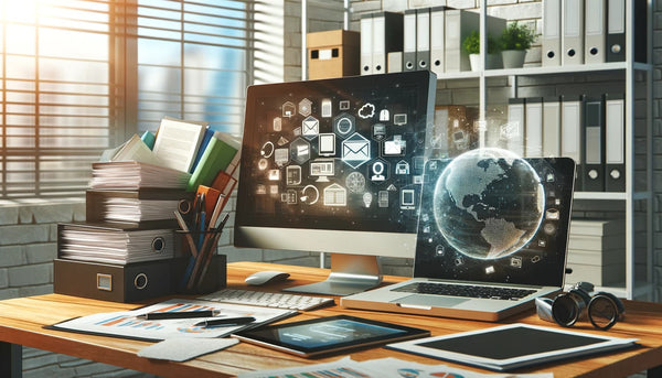 Un bureau moderne montrant des appareils électroniques et des documents papier, illustrant la gestion numérique et traditionnelle des documents