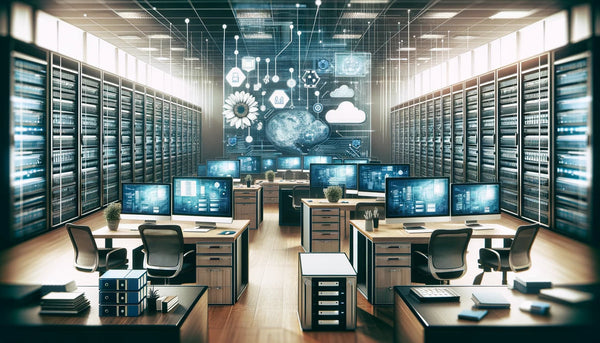 Bureau d'entreprise moderne avec systèmes d'archivage numérique, symbolisant la gestion avancée des documents électroniques.