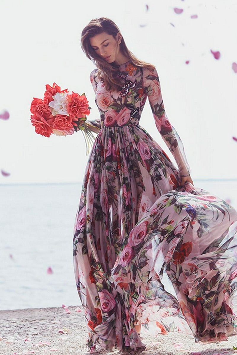 Шифоновые платья в пол с цветочным принтом