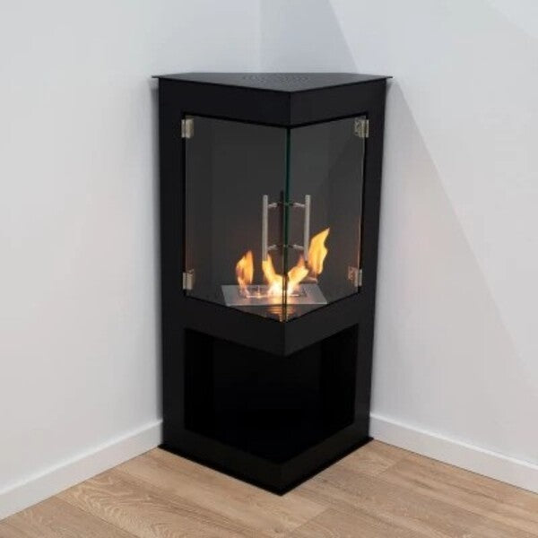 Eco-friendly bioethanol fireplace in a modern corner setting.