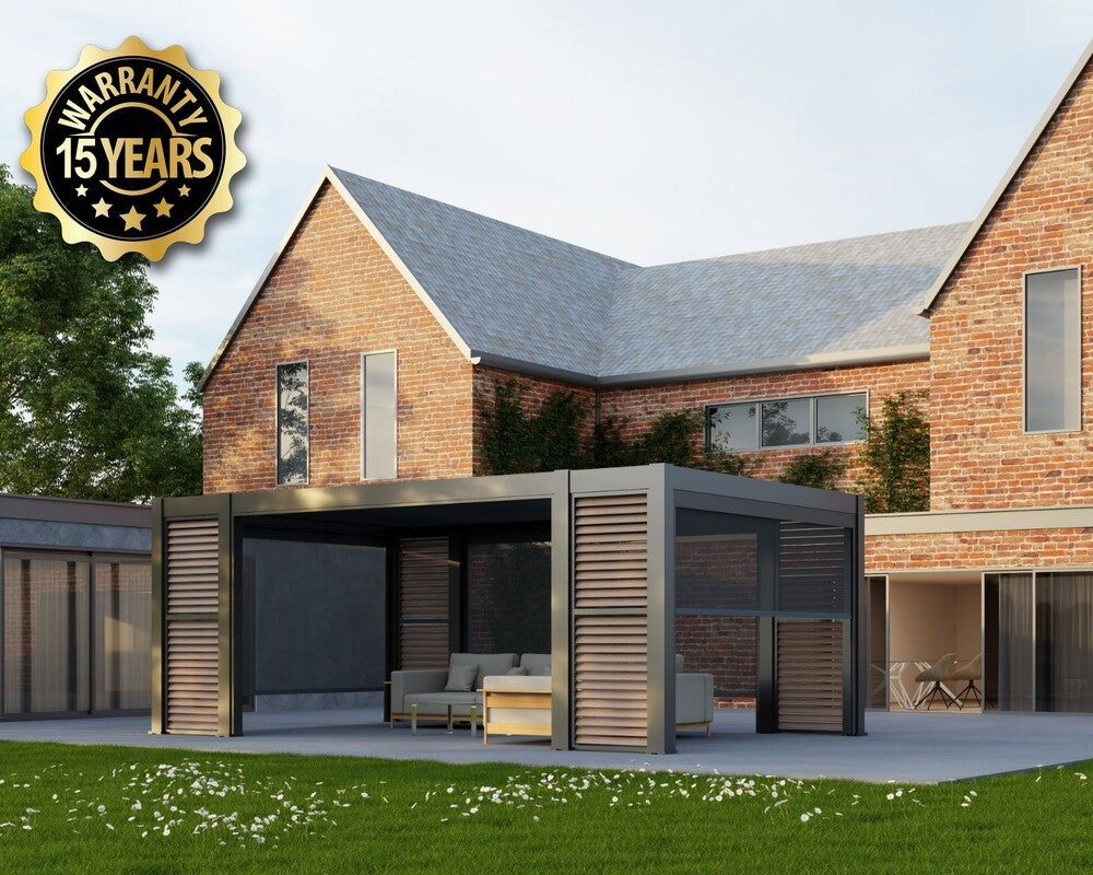 Large Grey Aluminium pergola with Louvre Panels in a large garden, displaying a 15 year warranty badge in the corner