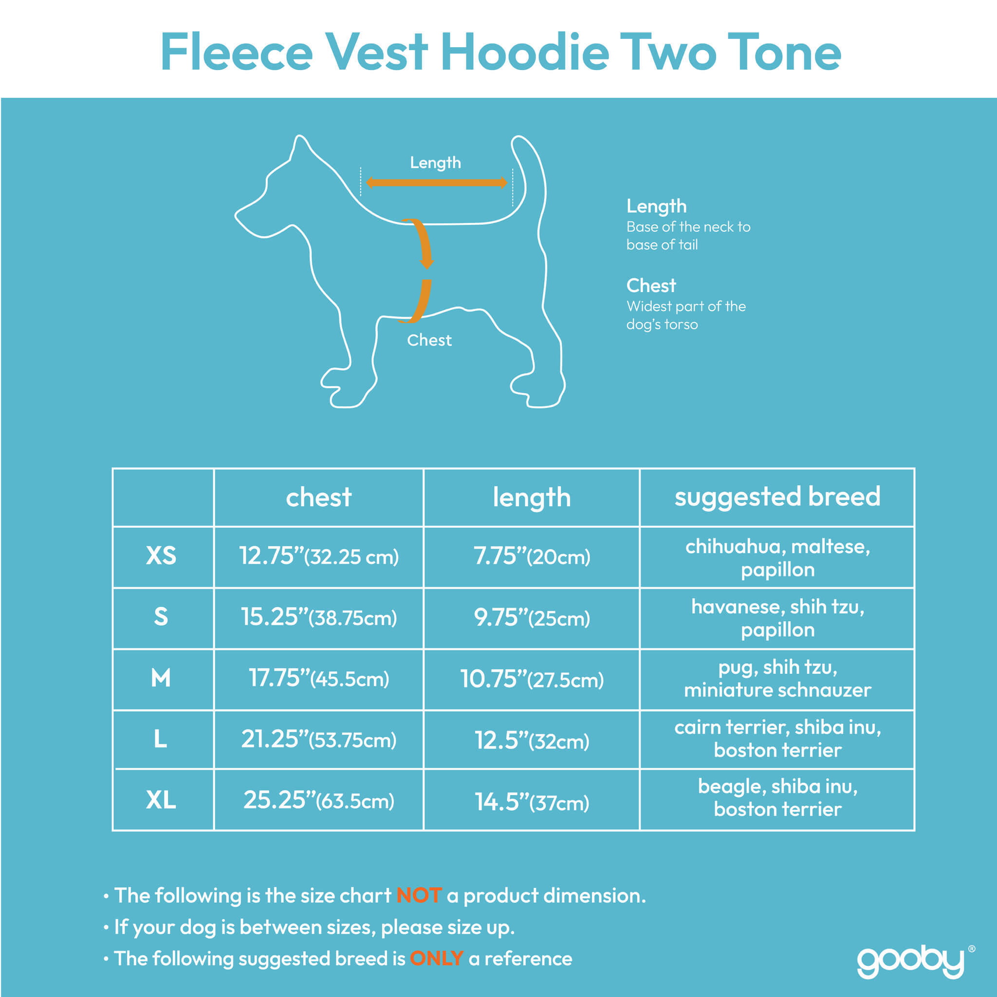 Gooby Fleece Vest Hoodie Two Tone Size Chart