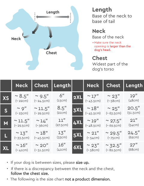 Gooby Dog Coat Size Chart