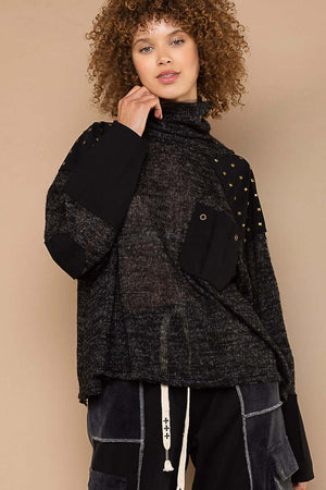 BLACK Turtle Neck Studded Detail Sweater Knit Long Sleeve Top - Copper & Lace Western Boutique - Long Sleeve Black Sweater