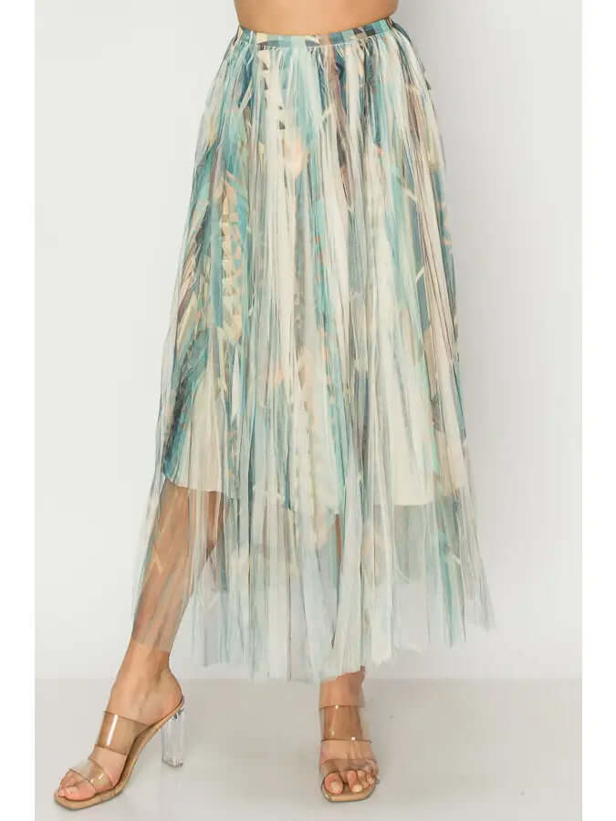 Turquoise Aztec Print Lined Mesh Long Skirt