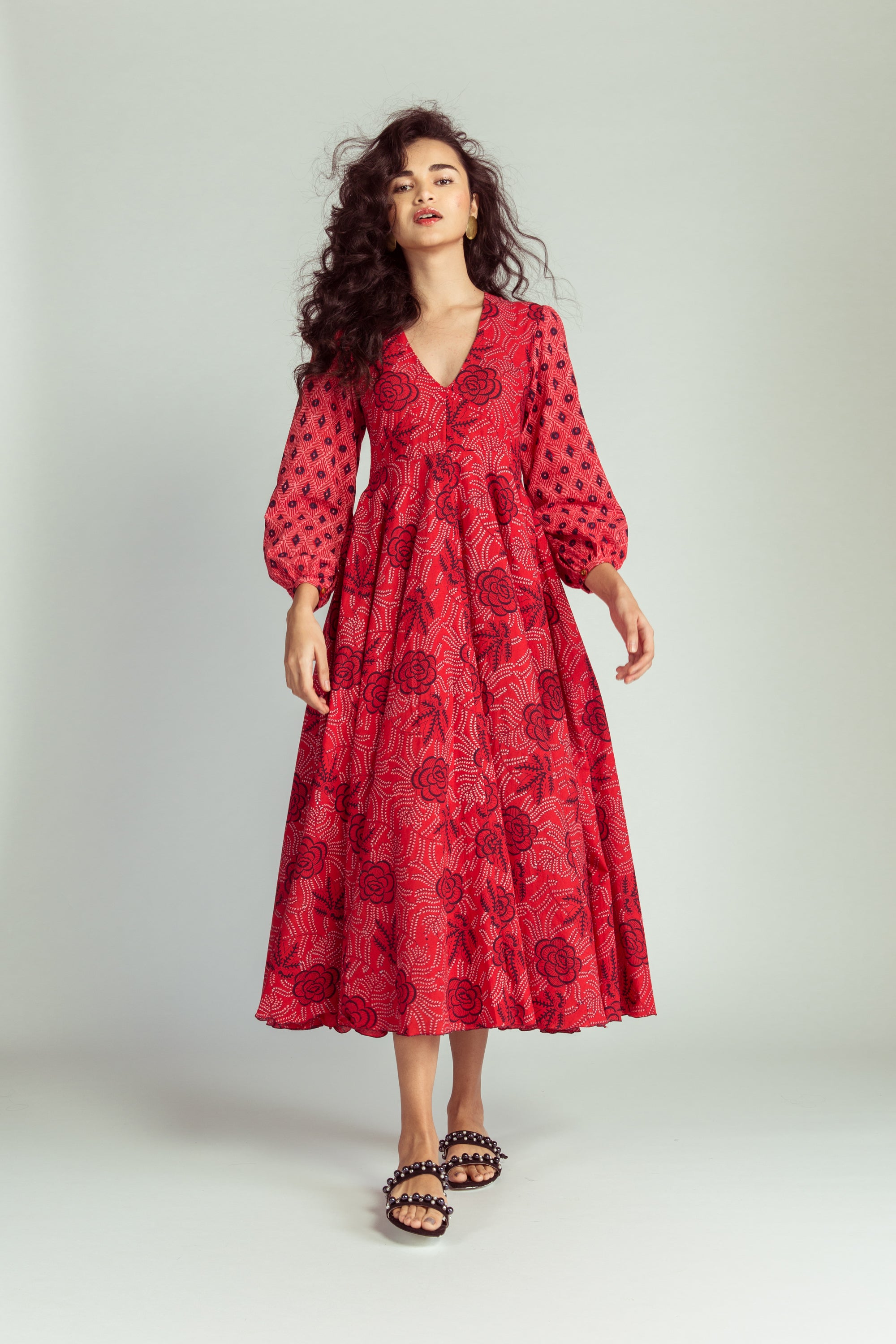 red patterned maxi dress