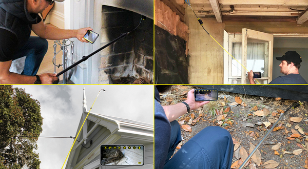 Four use-case images of the Ferret Tools doing home inspection.