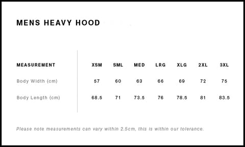 Men's Heavy Hood Size Guide