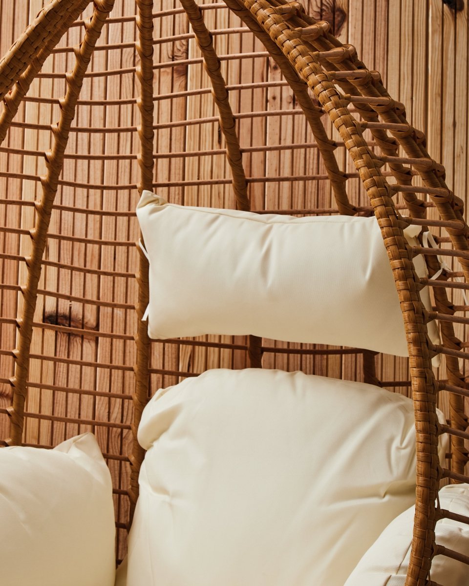 Bali Brown Rattan Hanging Egg Chair - Freestanding Garden Swing Seat with Plush Cushion - Opulent CO