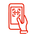 A hand holding a smartphone with a QR code scanner app.