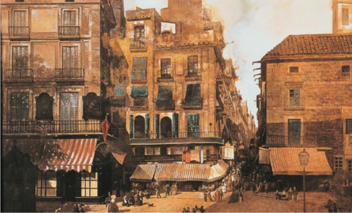 Tienda del Pla de la Boquería. Detalle del cuadro de Achille Battistuzzi de 1873 expuesto en el MNAC de Barcelona.