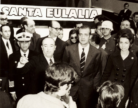 Ricardo Sans, amb les Seves Alteses Reials d'Astúries a l'estand de Santa Eulalia al Saló Naútic a principis dels anys 70.