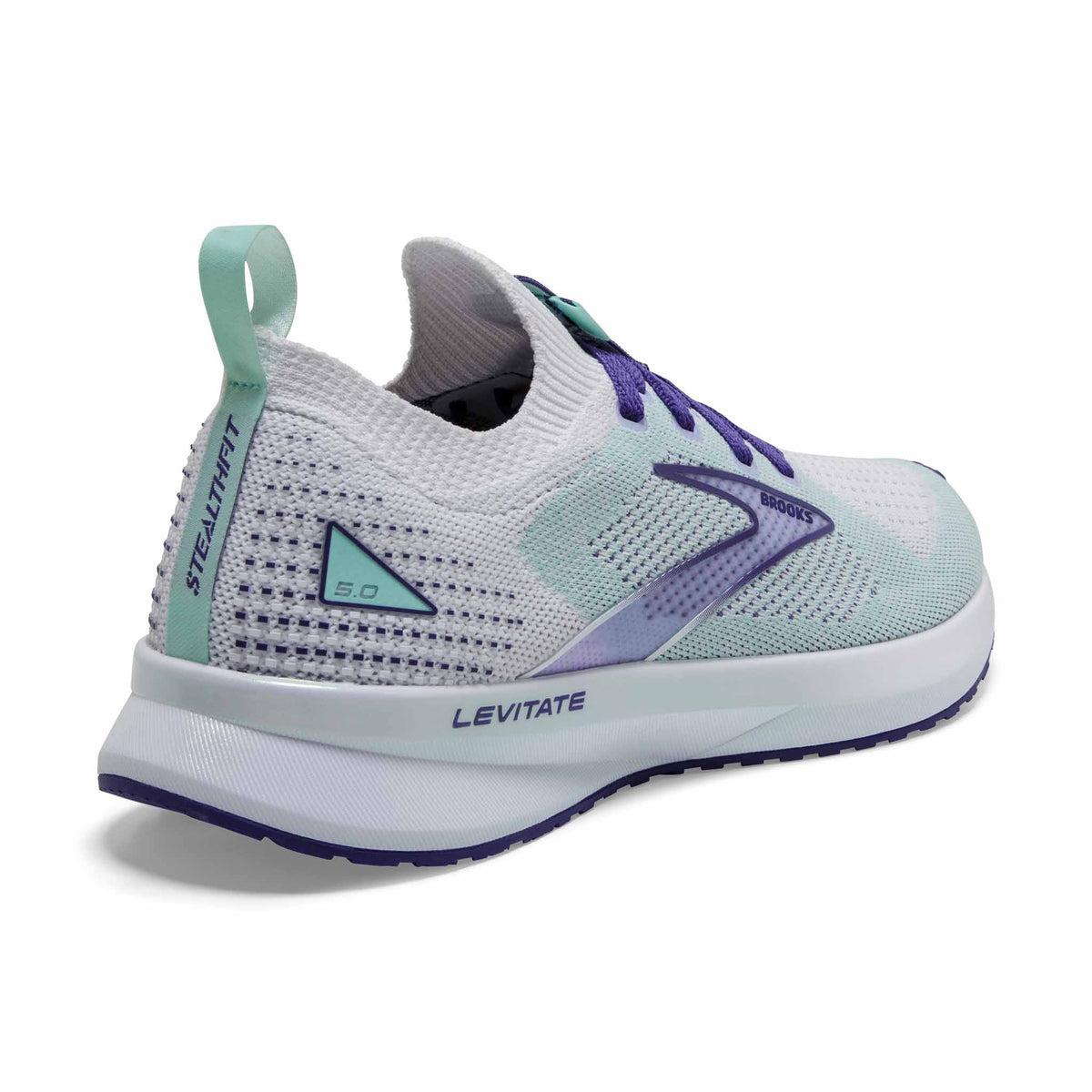Brooks Levitate StealthFit 5 chaussures de course a pied pour femme - White / Navy Blue / Yucca - Angle 2