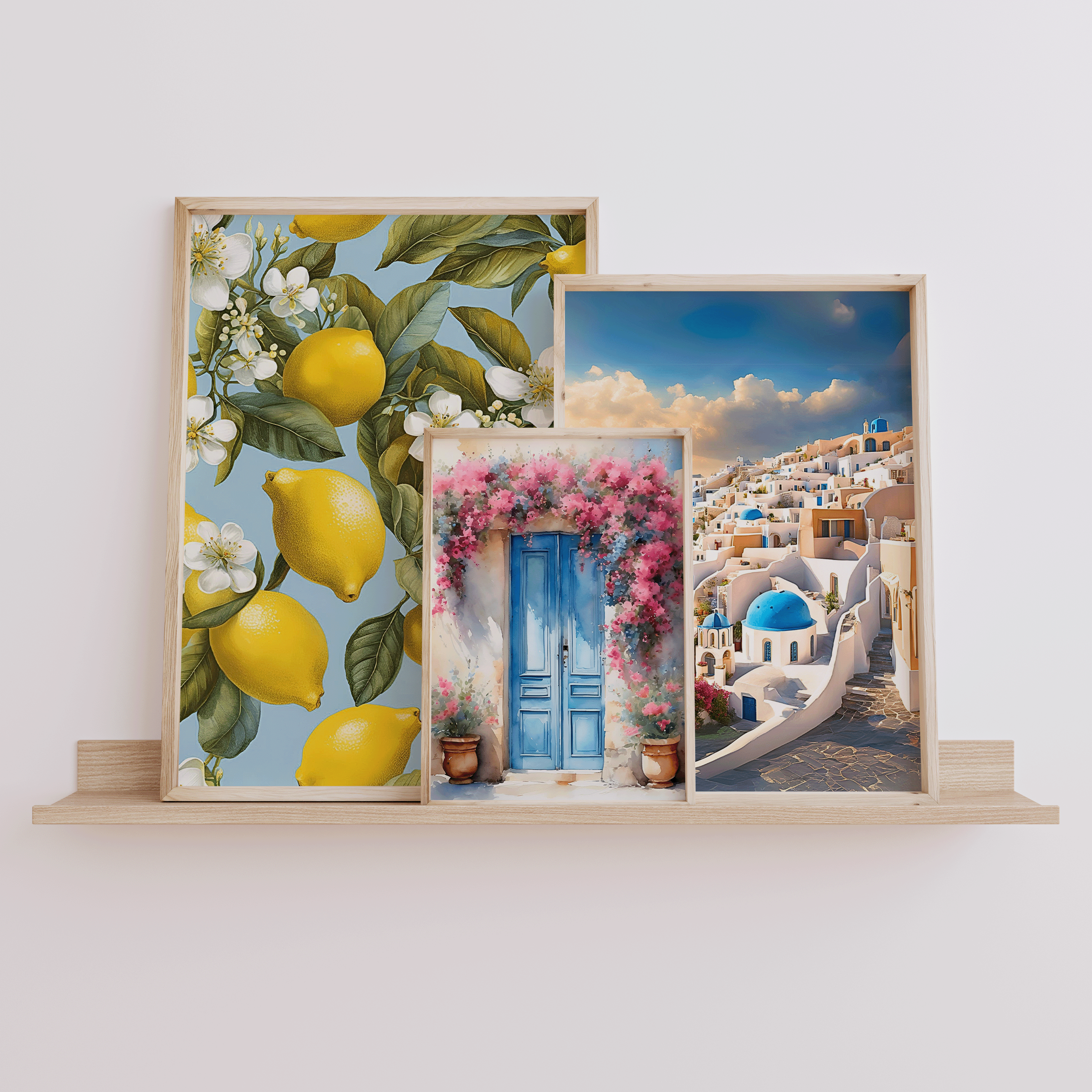 Mediterranean Lemon Wall Art | Canvas Art, Art Prints & Framed Canvas, citrus lemon yellow white flowers botanical green leaves baby blue background, greece italy santorini amalfi coast canvas wall art, restaurant kitchen bar cart prints