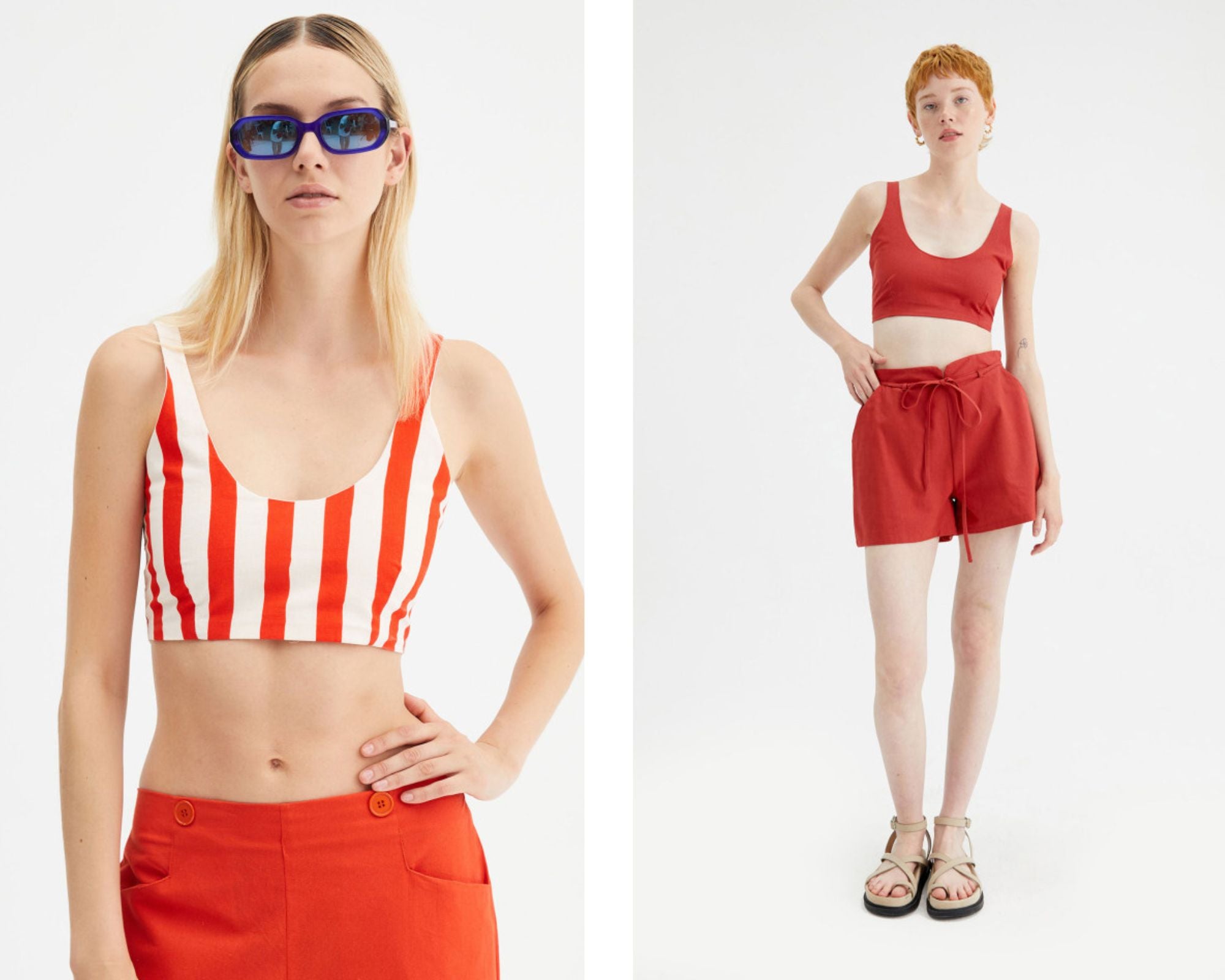 Women with striped crop top and high-waisted shorts from Compañía Fantástica.