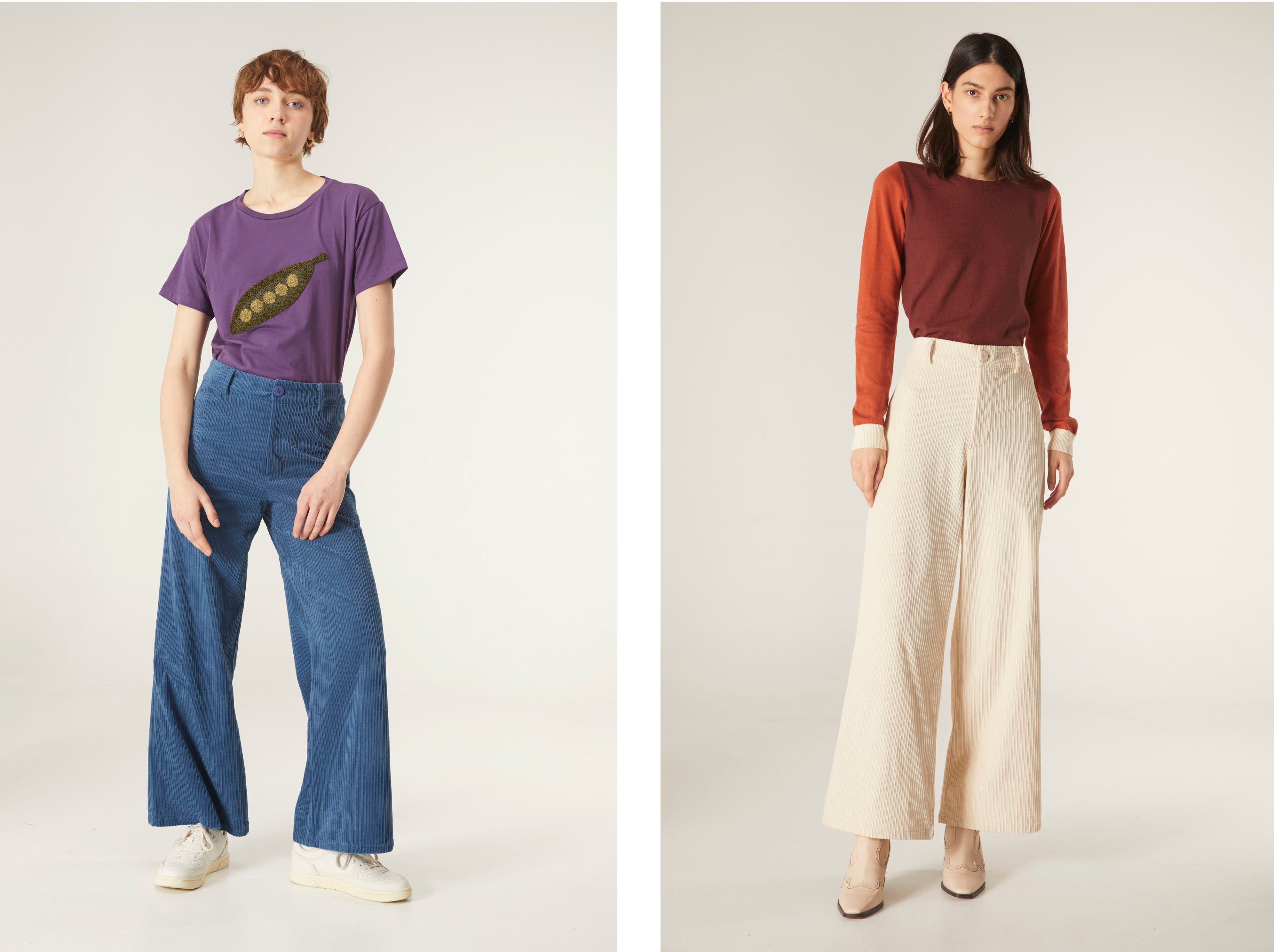 Models with corduroy pants for women from Compañía Fantástica's latest collection.