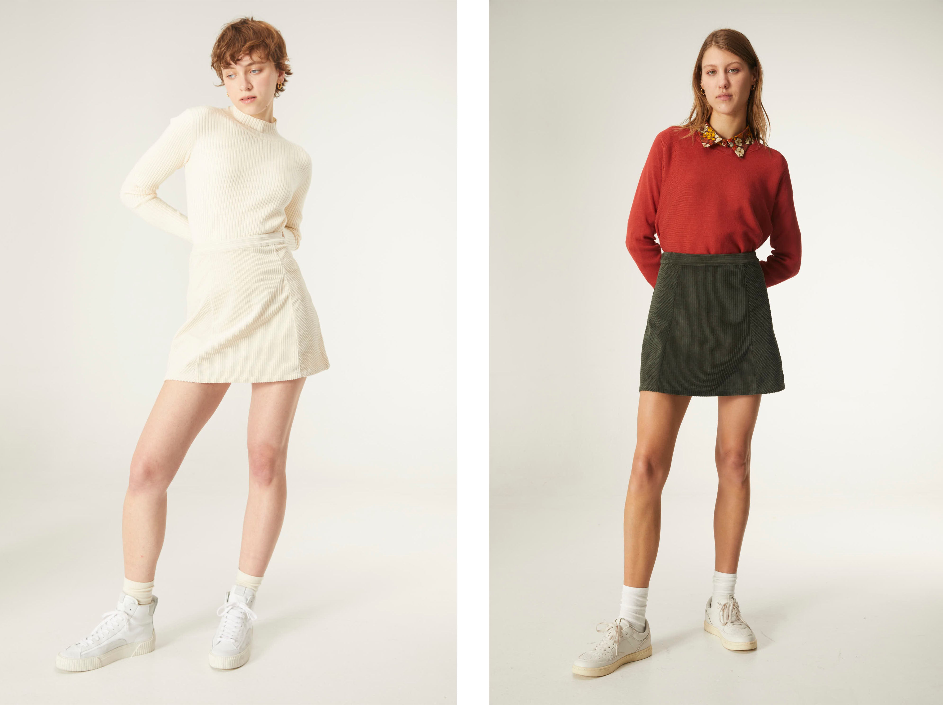 Girls with corduroy skirts from Compañía Fantástica's winter collection for women.