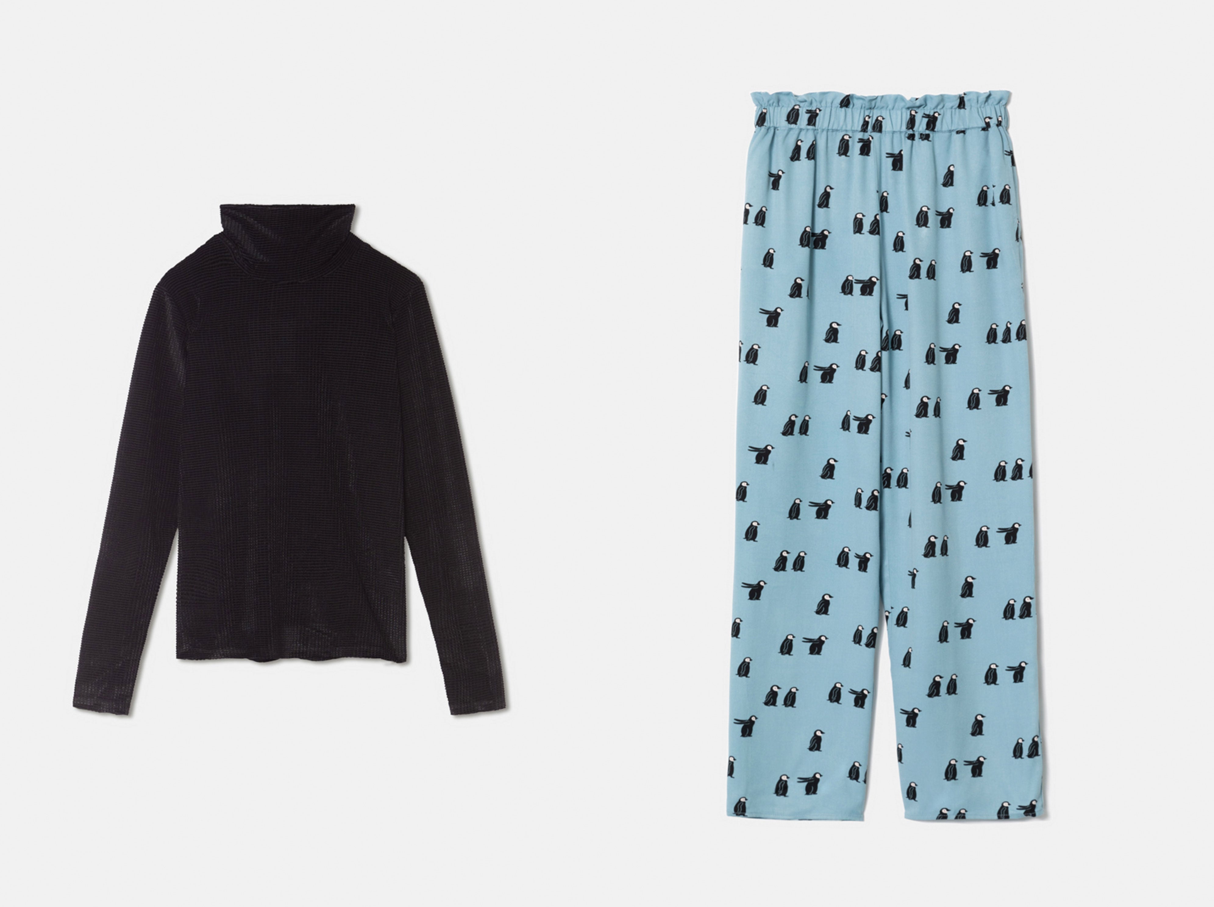 Top negro de terciopelo y pantalón largo con estampado de pingüinos de la colección de invierno de Compañía Fantástica.