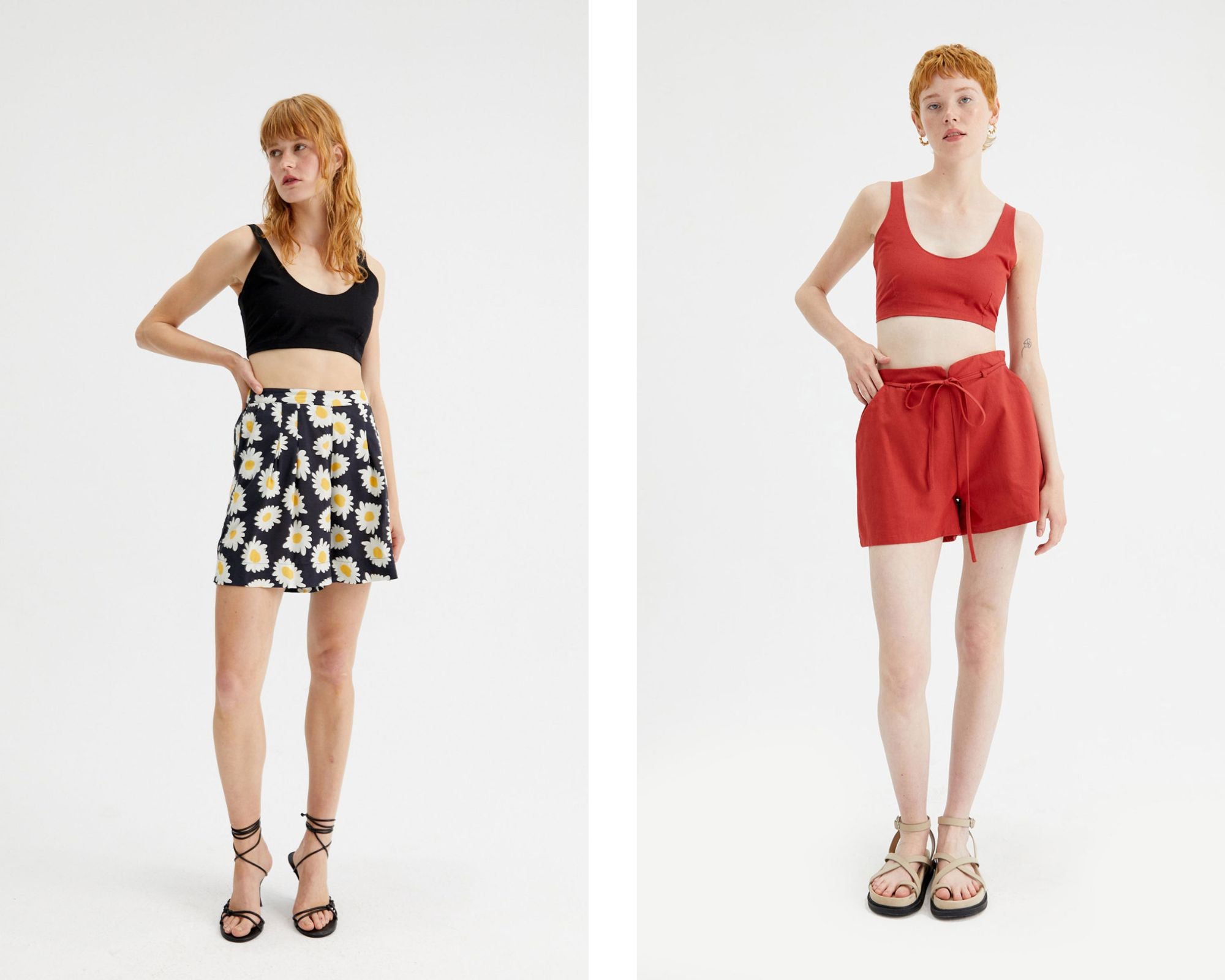 Modelos con estilismos de verano de Compañía Fantástica compuestos por shorts y crop tops sin mangas