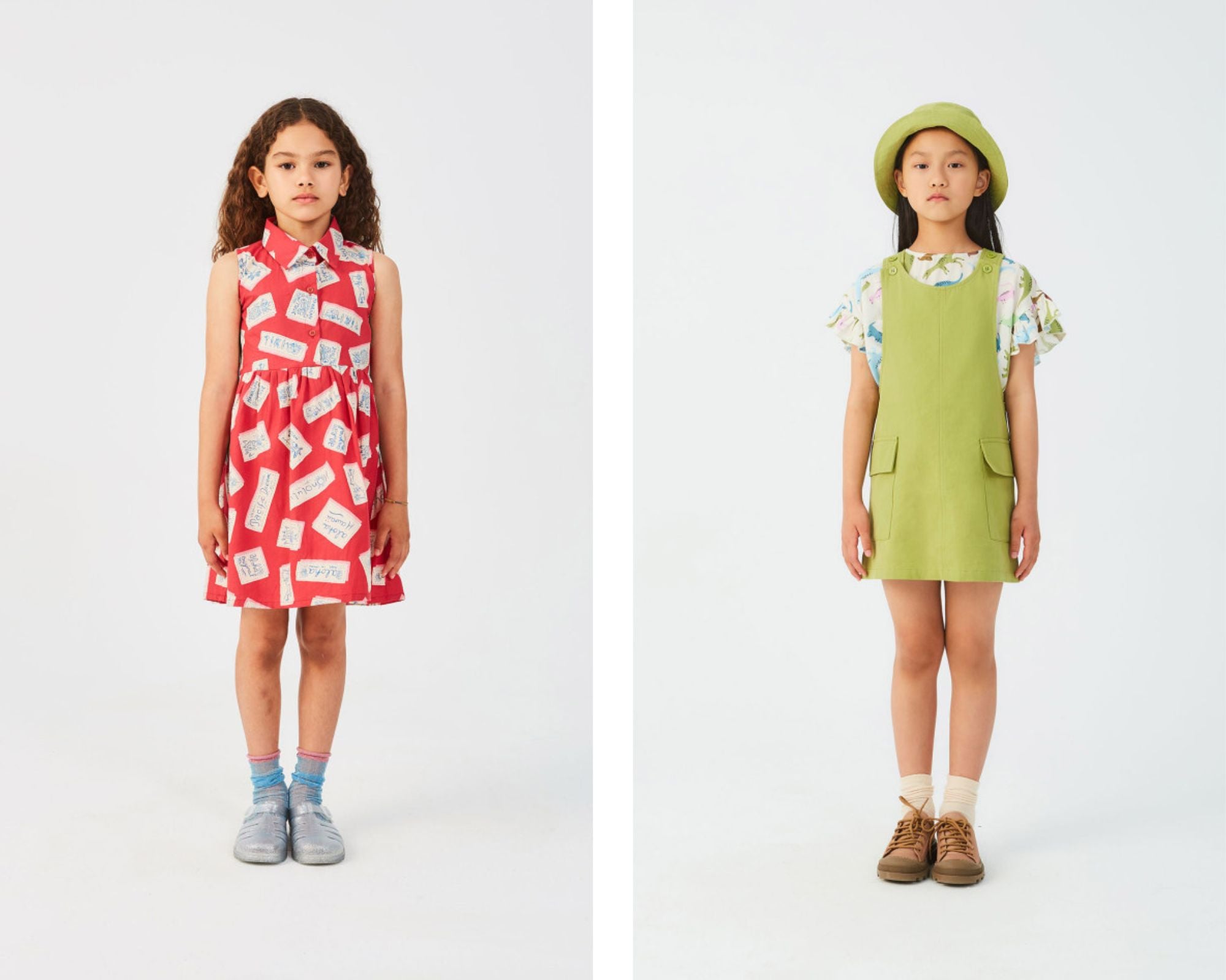 Girls with a shirt dress with an asymmetrical print and a pinafore dress with pockets.