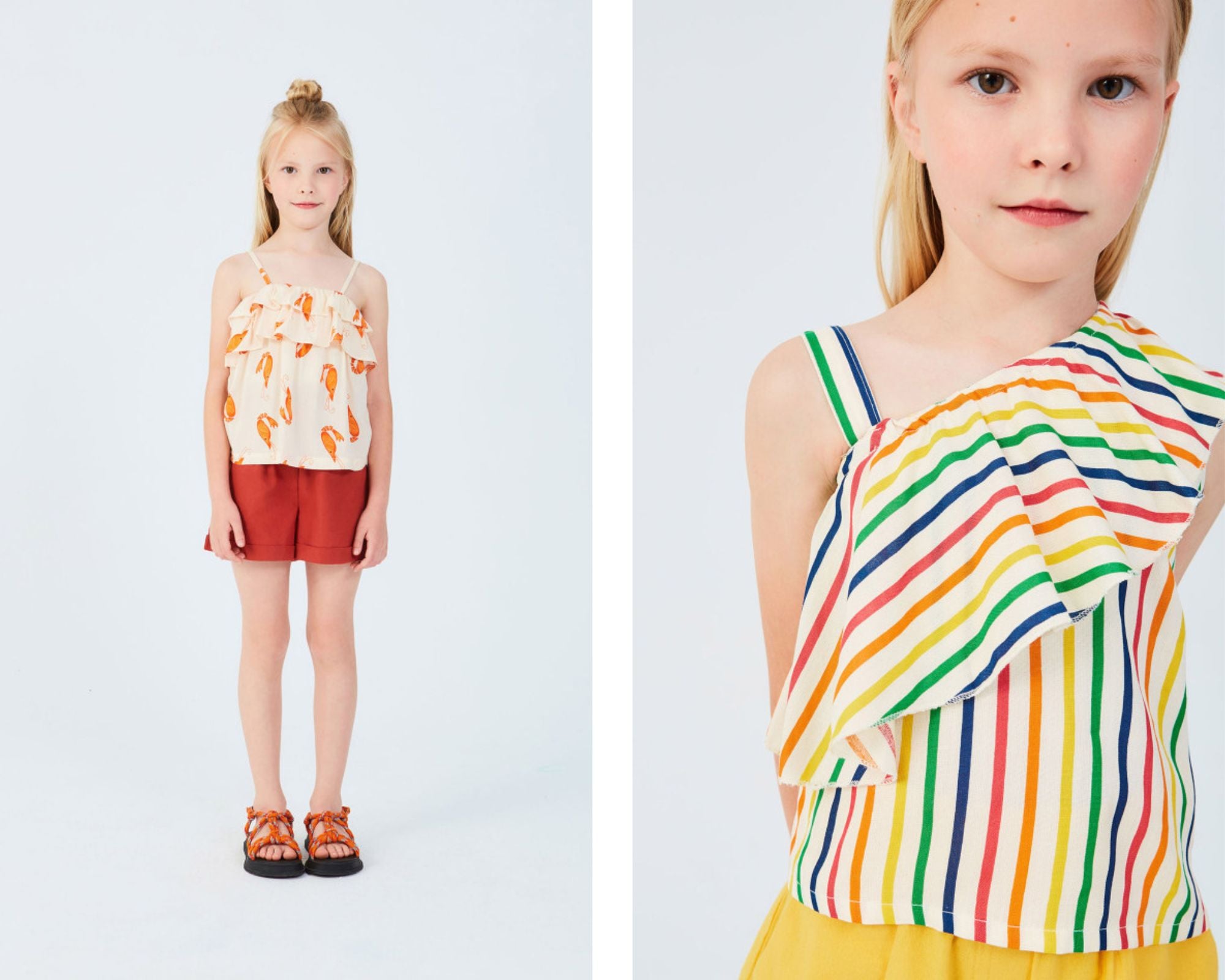 Children's tops with animal print and striped print.