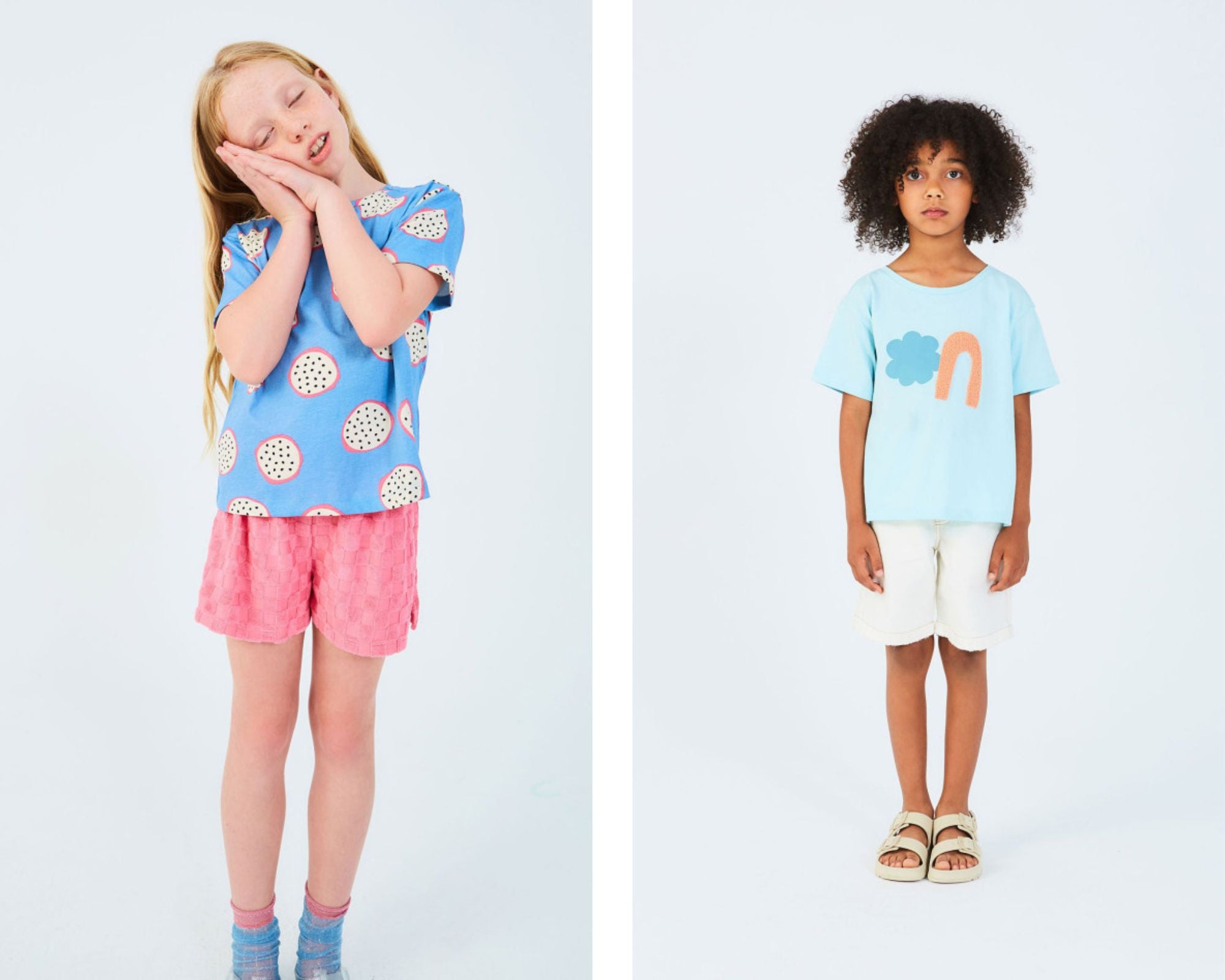 Children's looks with short-sleeved t-shirts.