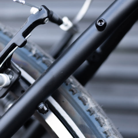 Detail shot of alloy lineral pull brakes on Roebling bike