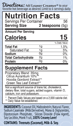 Nutrition Facts for LUCIOUS FRENCH VANILLA by Leaner Creamer