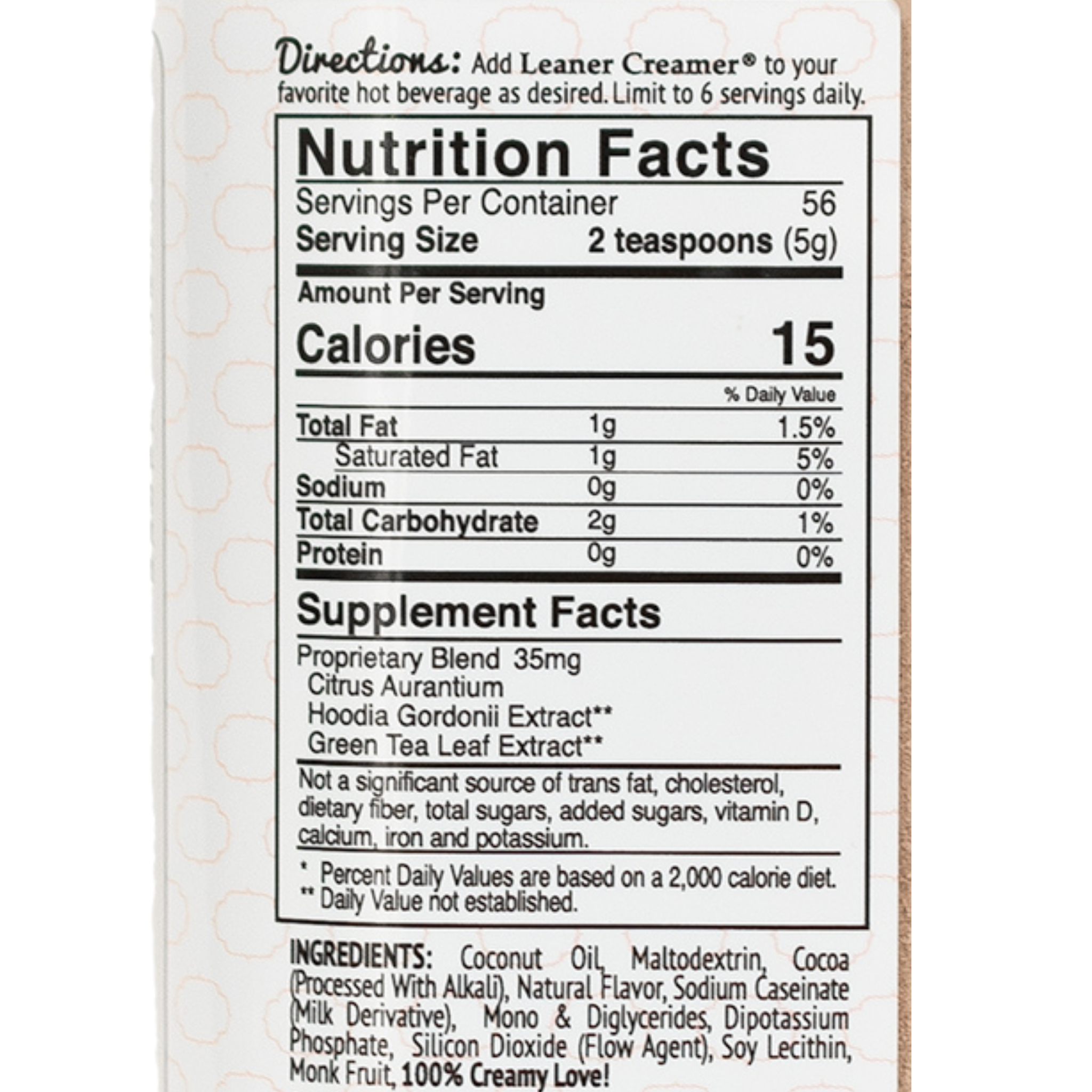 Nutrition Facts for NUTELLEANA LIMITED EDITION by Leaner Creamer