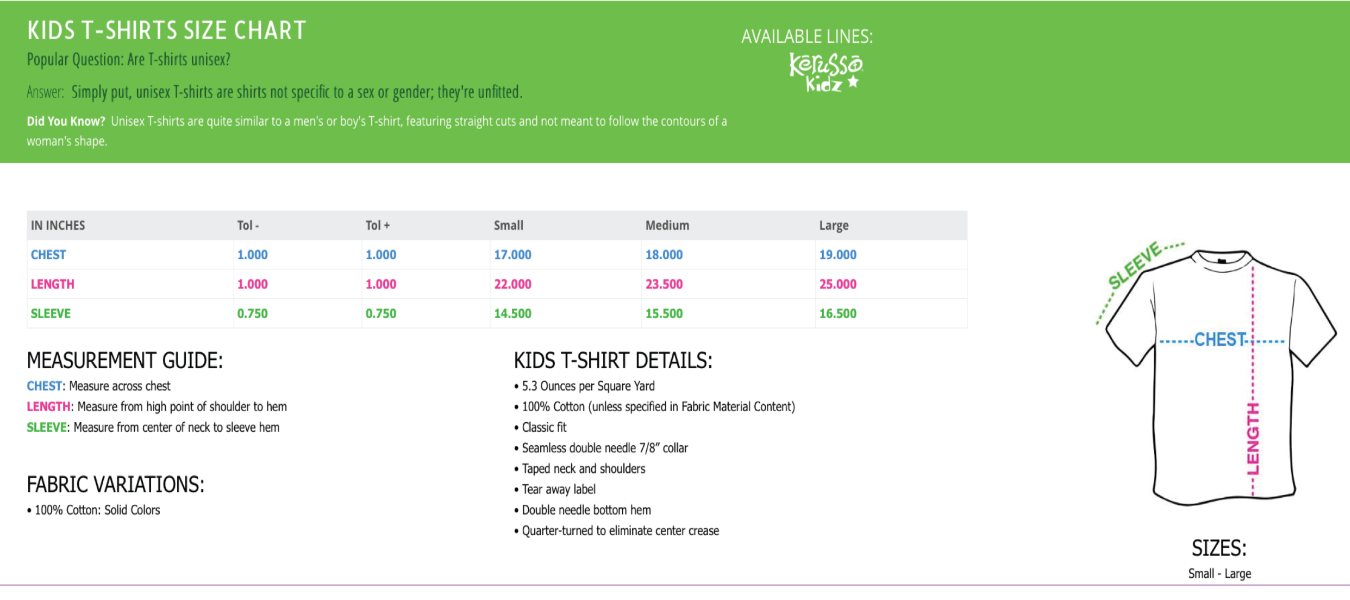 Kerusso Kidz T-Shirt Sizing Guide