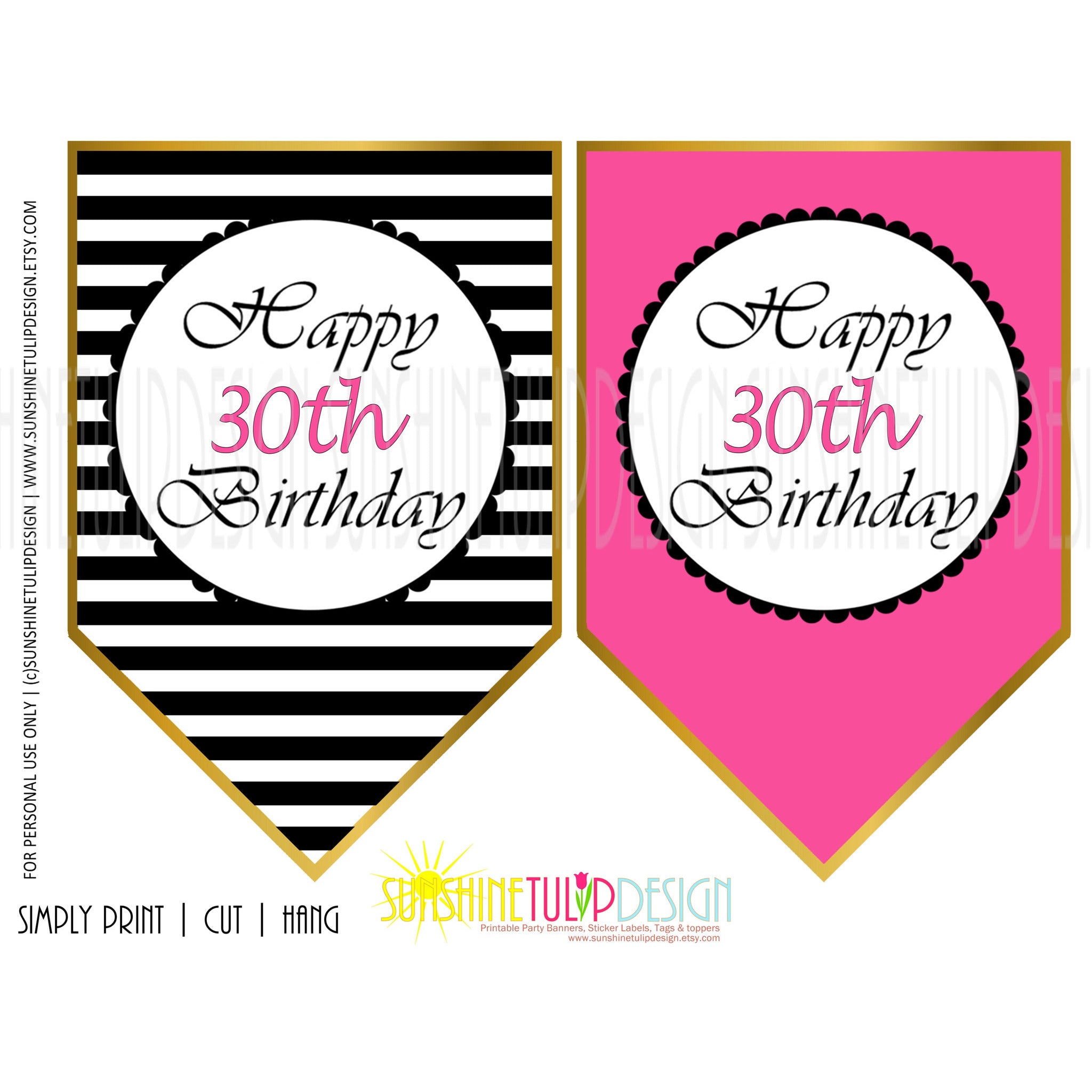 Printable 30th Birthday Hot Pink Black Stripe Banner 