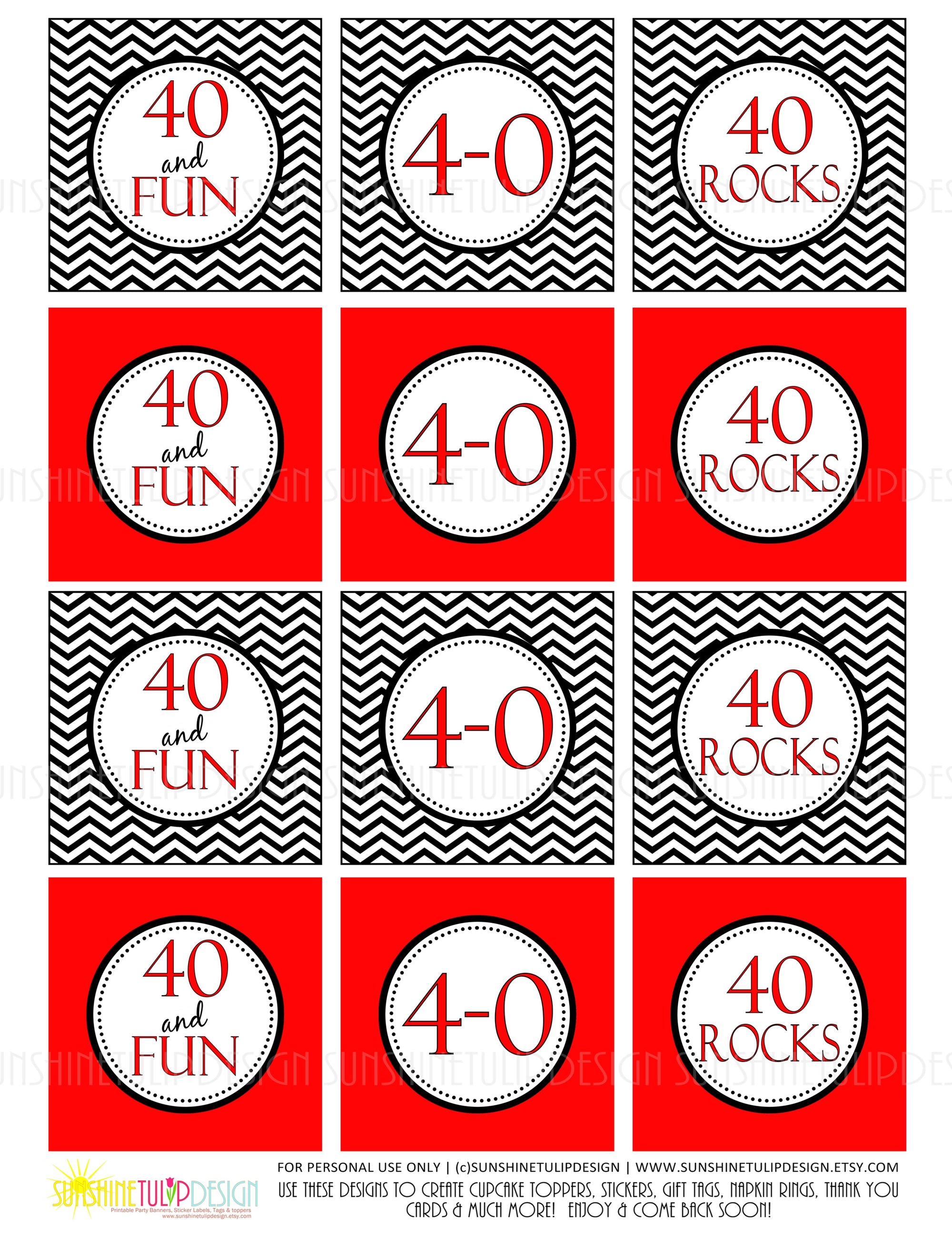 Printable 40th Birthday Cupcake Toppers, 40 and Fun Toppers, 40 Rocks