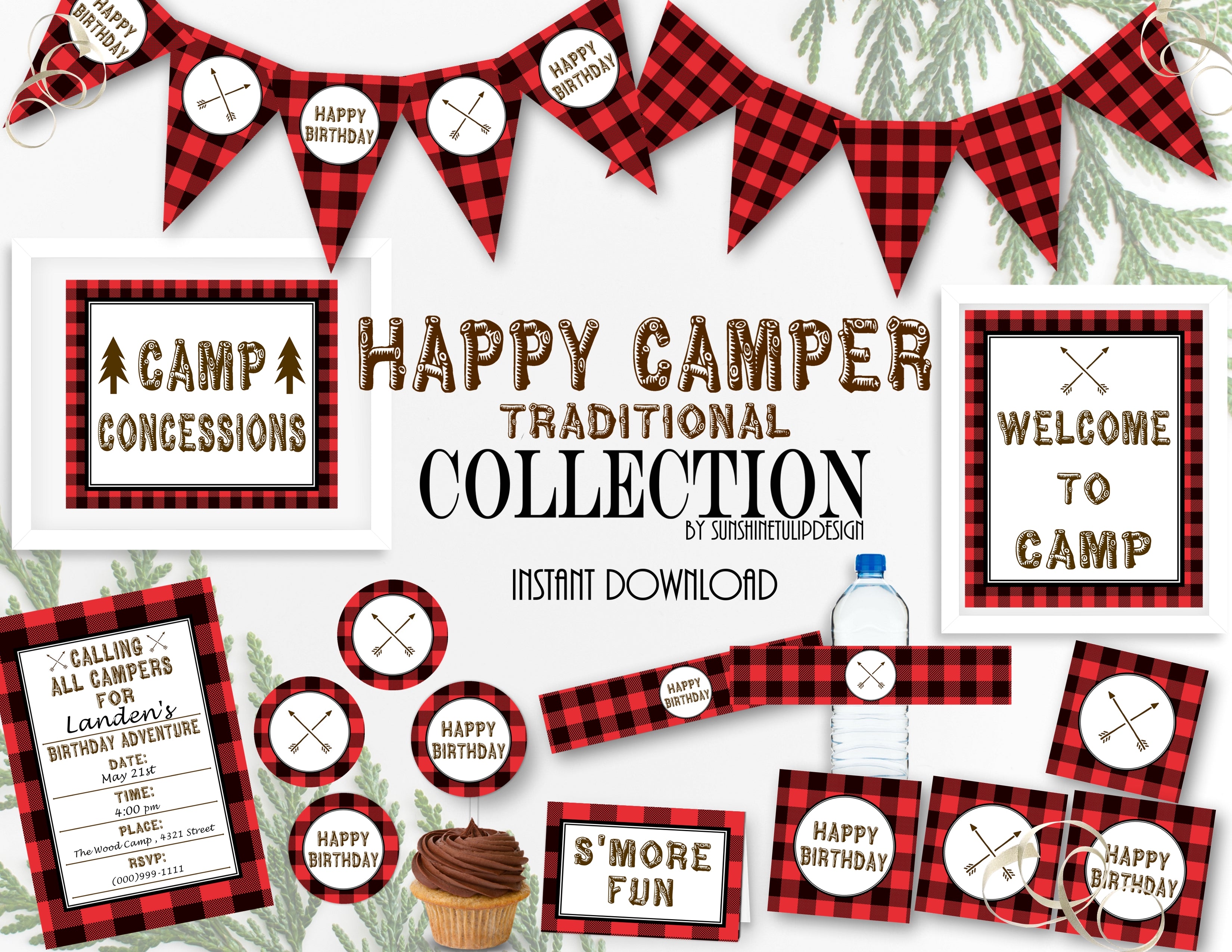 Printable Buffalo Plaid Camping Birthday Party Package Campout