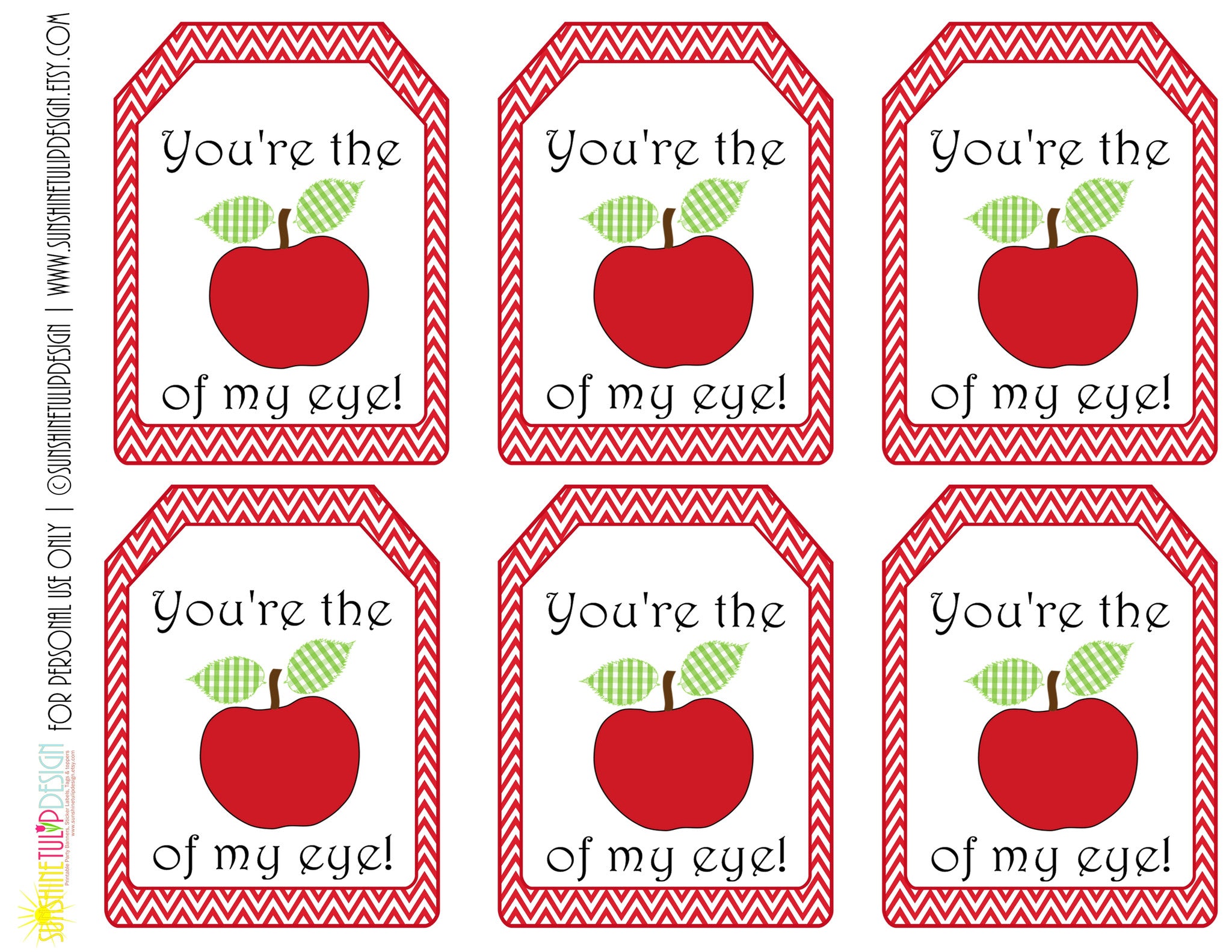 Printable Teacher Appreciation Gift Tags You're the Apple of my Eye by