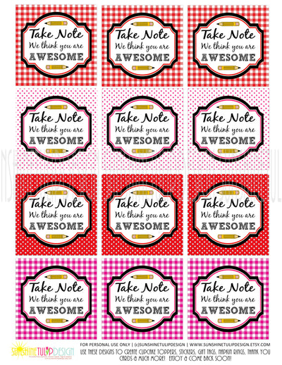 Printable Take Note You are Awesome Gift Tags Note Pad Gift Tags by S
