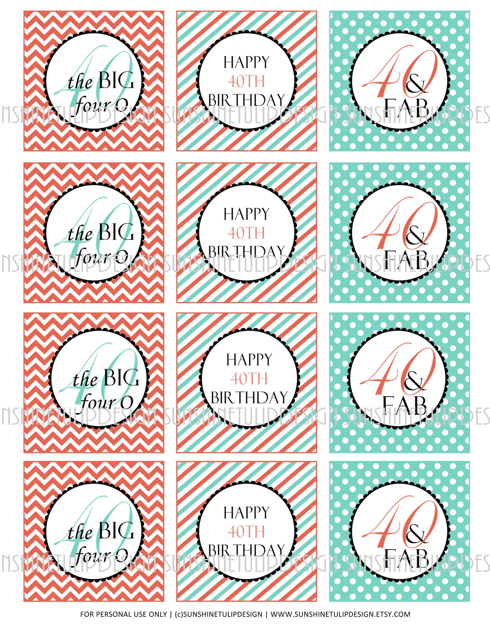 Printable 40th Birthday Coral And Aqua Cupcake Toppers Sticker Labels 
